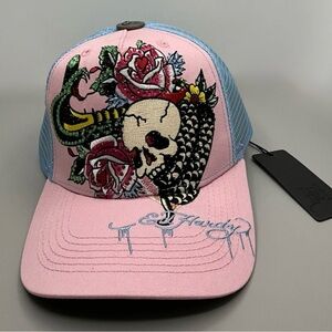ED HARDY Pink and Blue Skull Embroidered Cap